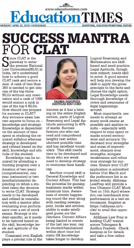 SUCCESS MANTRA FOR CLAT – The Times Of India